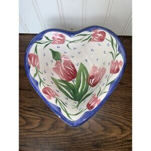 ANCORA ITALIAN POTTERY Heart Shaped Bowl Hand Painted Flowers Italy * Has Chips*